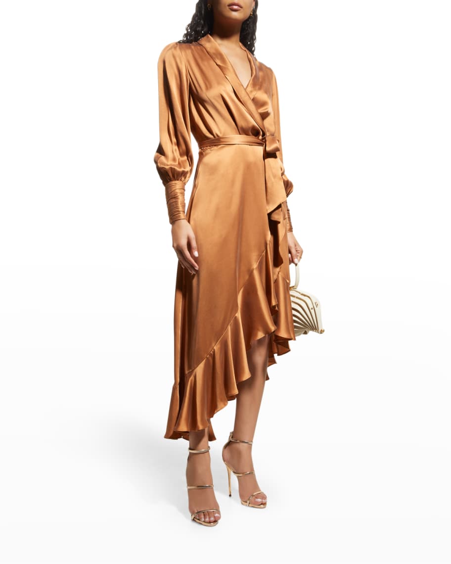 Zimmermann Blouson-Sleeve Silk Wrap Midi Dress | Neiman Marcus