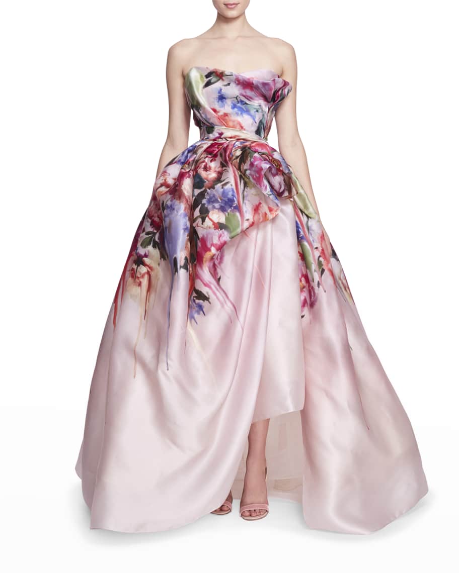 Marchesa Painterly Floral-Print Draped Strapless Ball Gown | Neiman Marcus