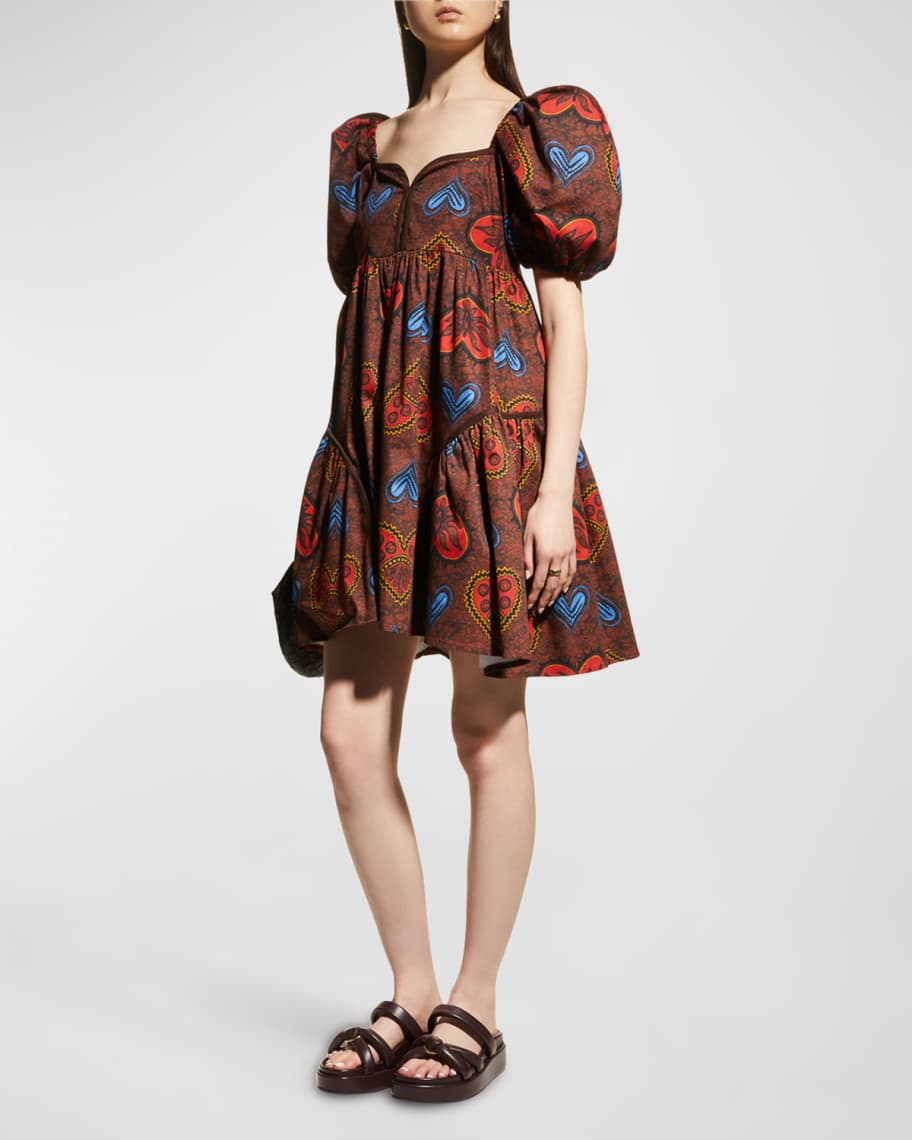 Autumn Adeigbo Leilani Heart Puffed Sleeve Mini Dress | Neiman Marcus