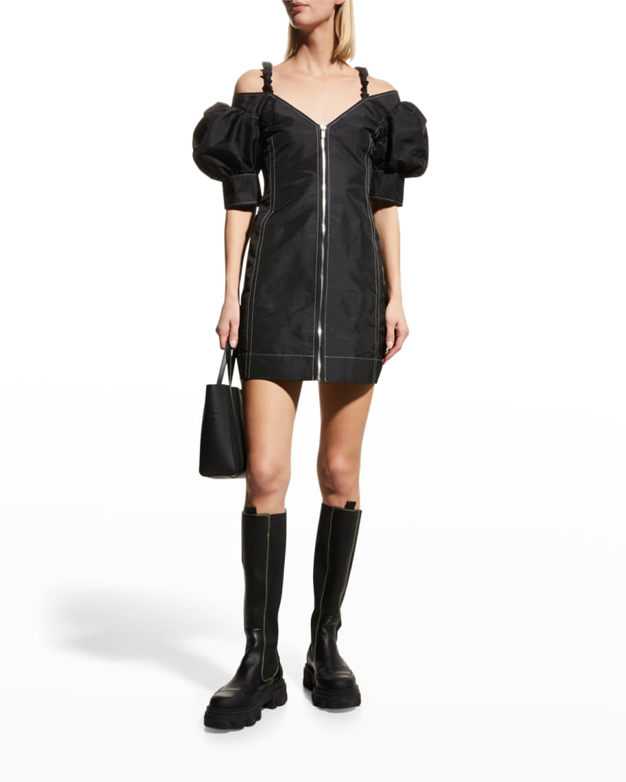 Ganni Taffeta Puff-Shoulder Mini Dress | Neiman Marcus
