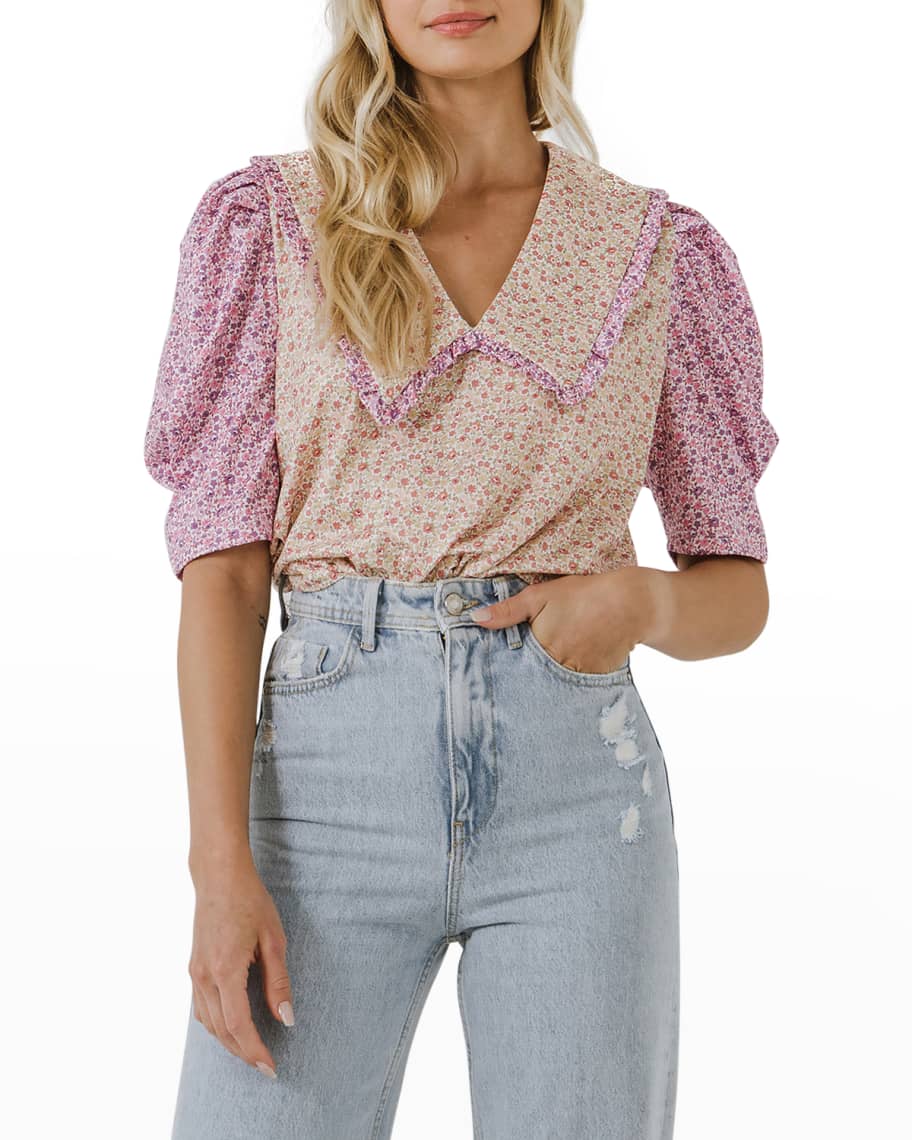 Free the Roses Floral Bib-Collar Puff-Sleeve Top | Neiman Marcus