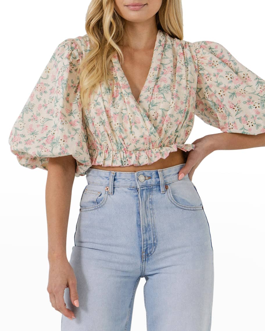 Free the Roses Floral Embroidered Blouson-Sleeve Crop Top | Neiman