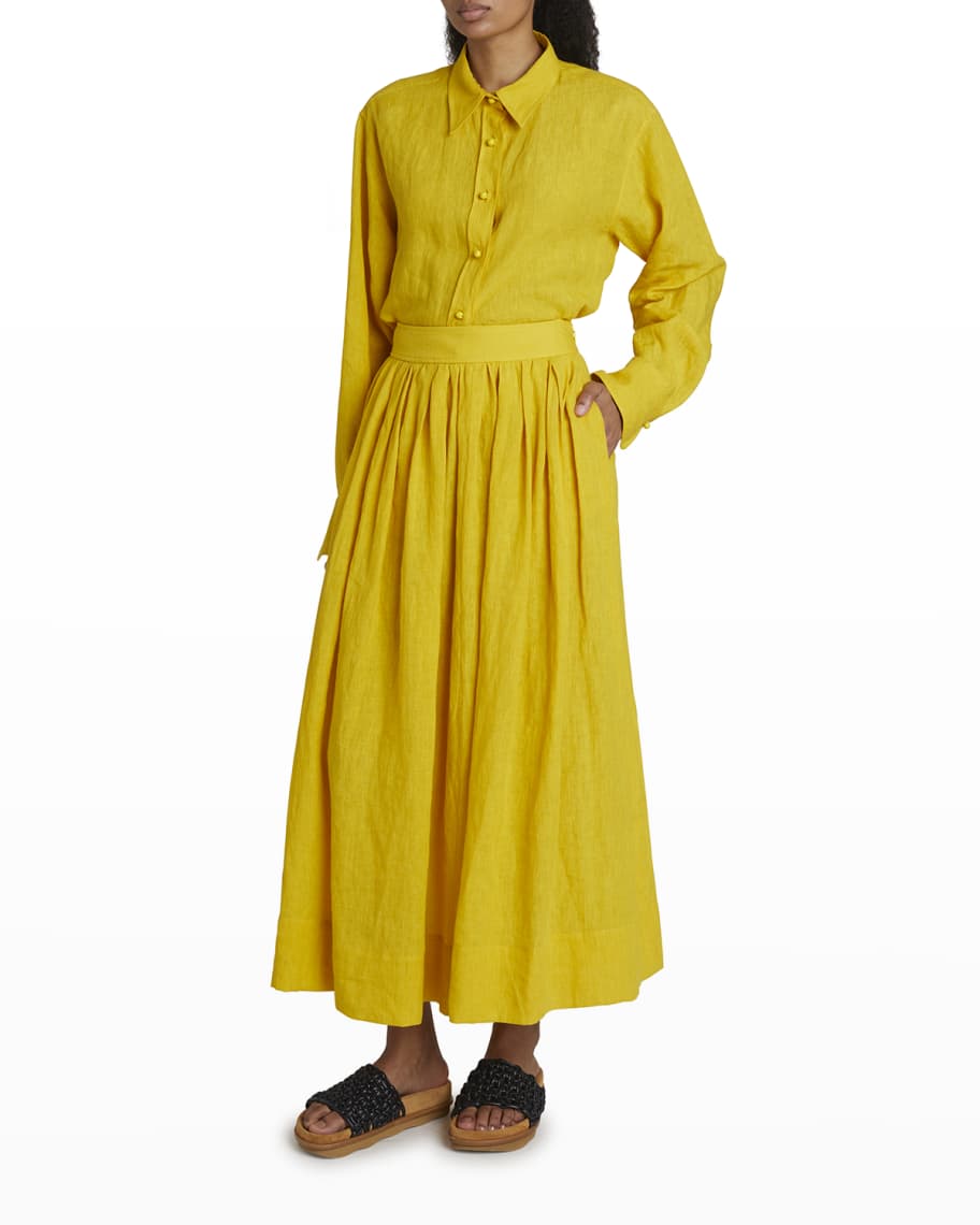 Chloe Gathered Linen Midi Skirt | Neiman Marcus
