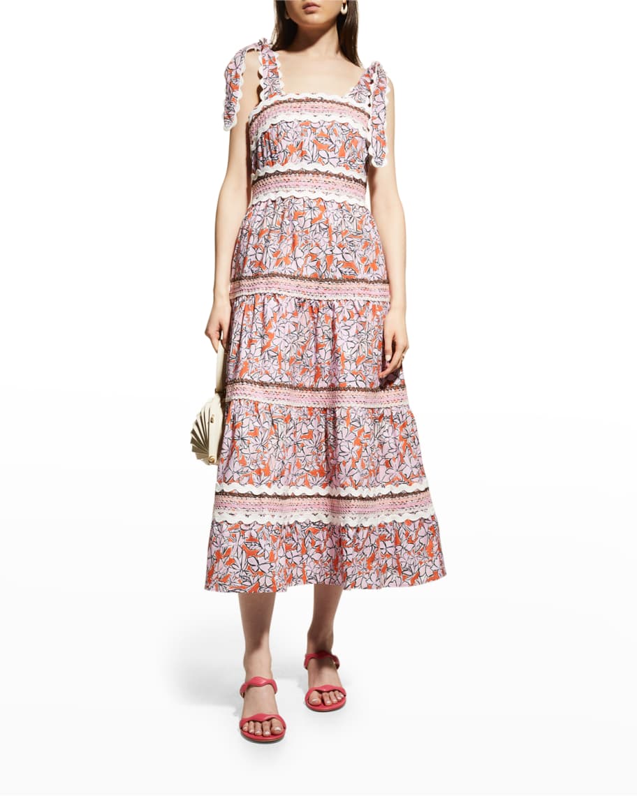 CELIAB Floki Floral Tiered Midi Dress with Tie Shoulders | Neiman Marcus