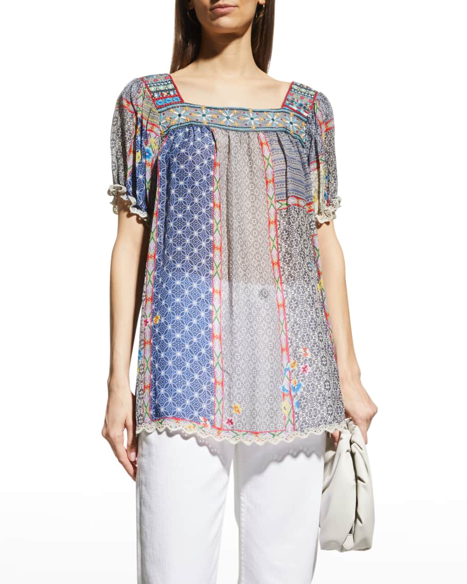 Johnny Was Kichica Padme Short-Sleeve Patchwork Blouse | Neiman Marcus