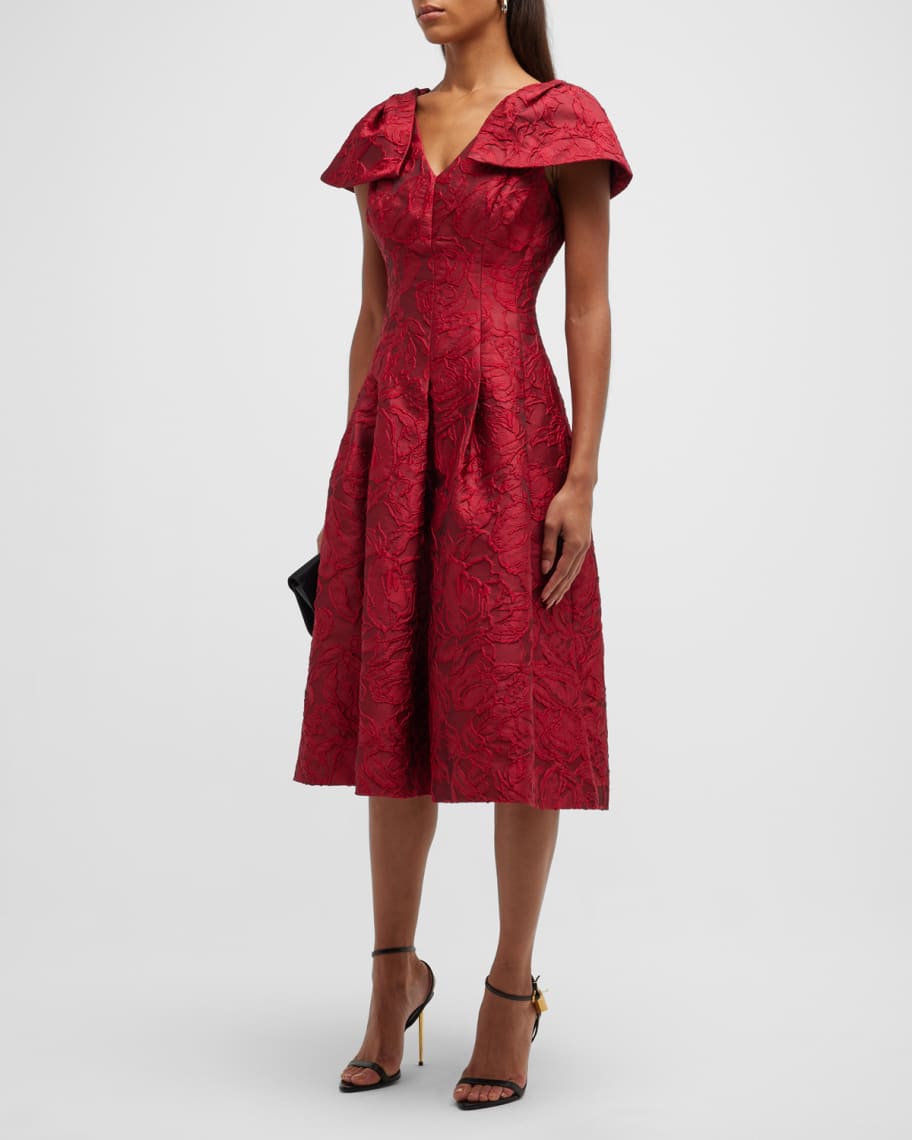 Rickie Freeman for Teri Jon Pleated Jacquard CapSleeve Dress Neiman