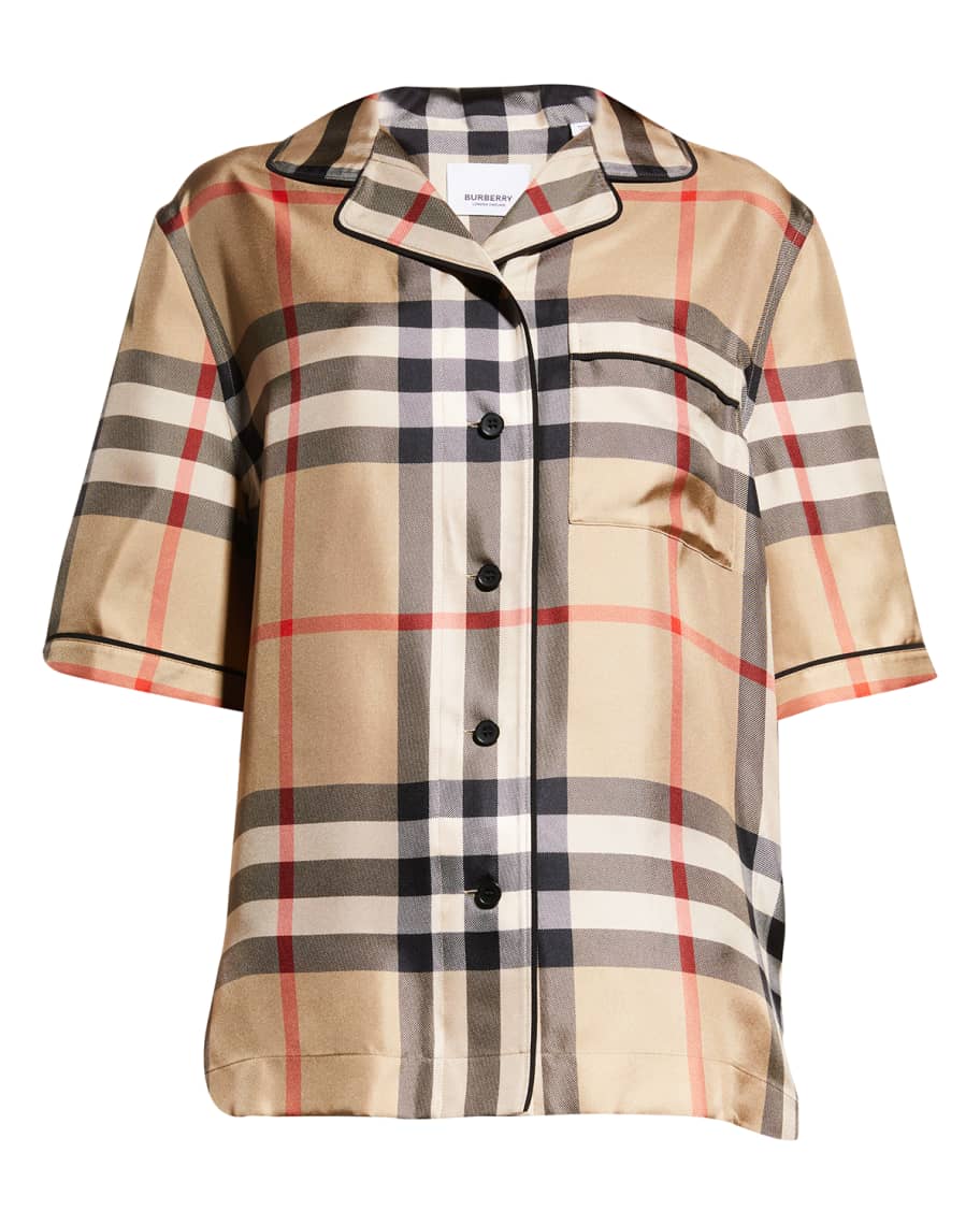 Burberry Tierney Check Mulberry Silk Pajama Shirt | Neiman Marcus