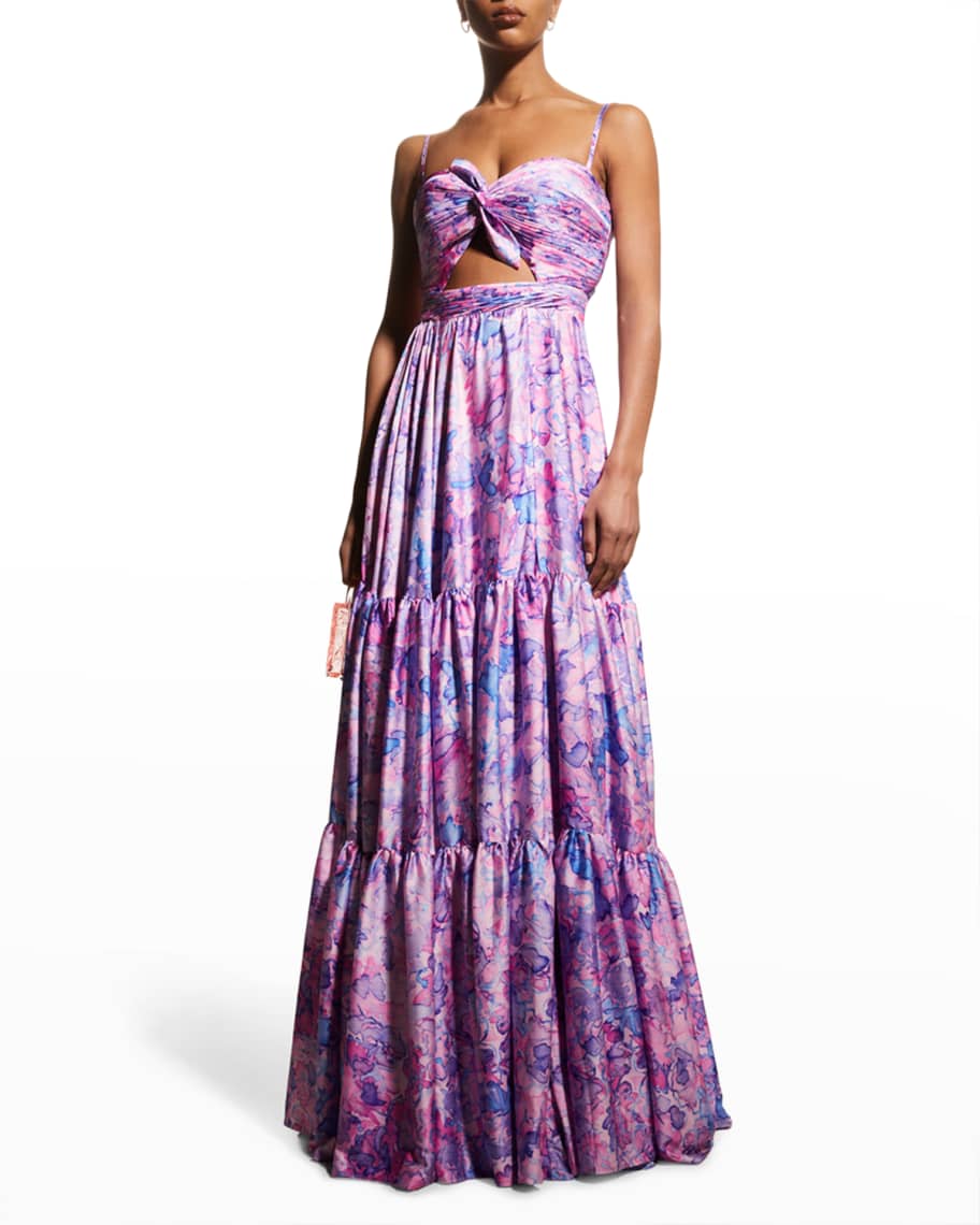 Jovani Pleated Tiered Gown w/ Cutout | Neiman Marcus