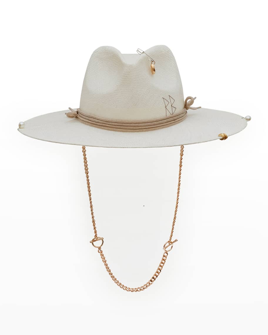 Ruslan Baginskiy Charm Straw Fedora Hat w/ Chain Strap Neiman Marcus