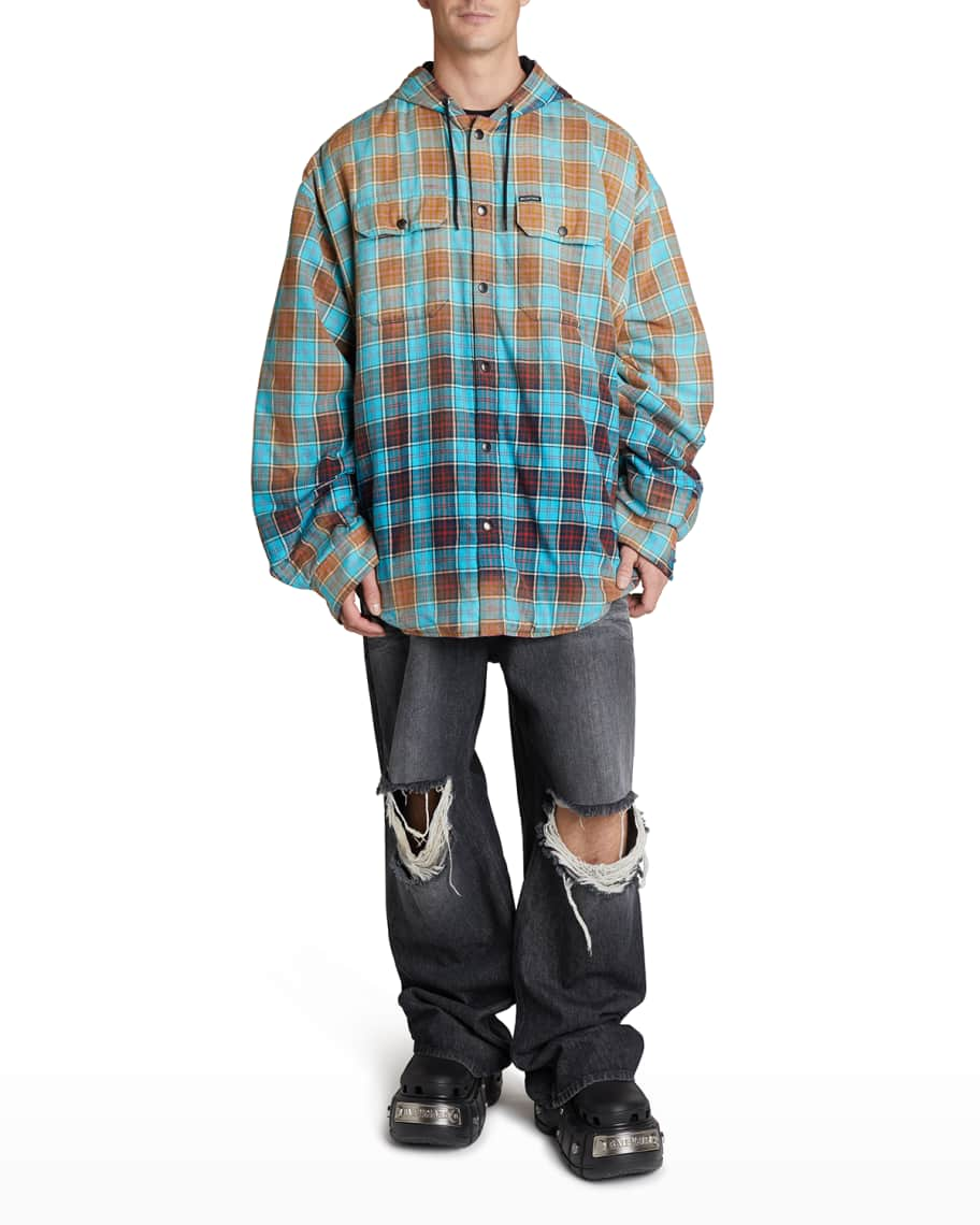 Balenciaga Men's Bleached Plaid Flannel Hooded Shirt Jacket 