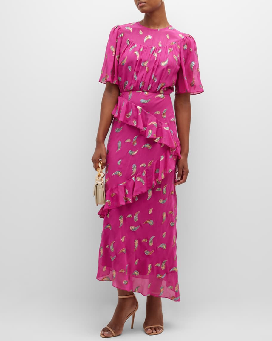 Saloni Vida-B Floral Silk Flounce Dress | Neiman Marcus