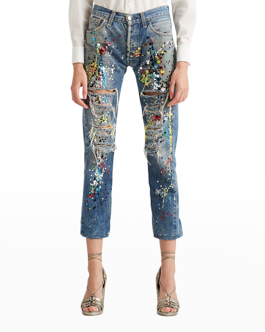 Ralph Lauren Collection Distressed Sequined Boyfriend Denim Pants