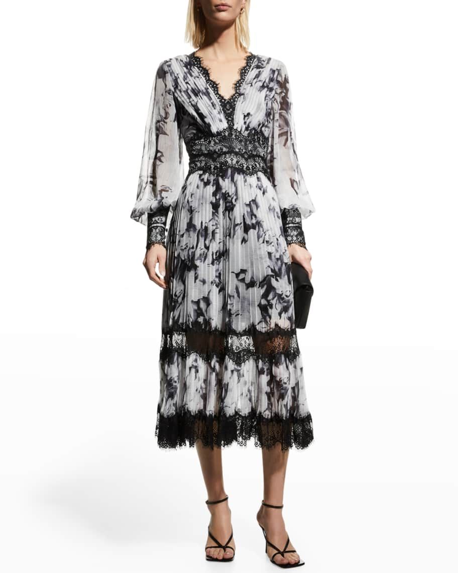 Tadashi Shoji Pleated Floral Chiffon & Lace Midi Dress | Neiman Marcus