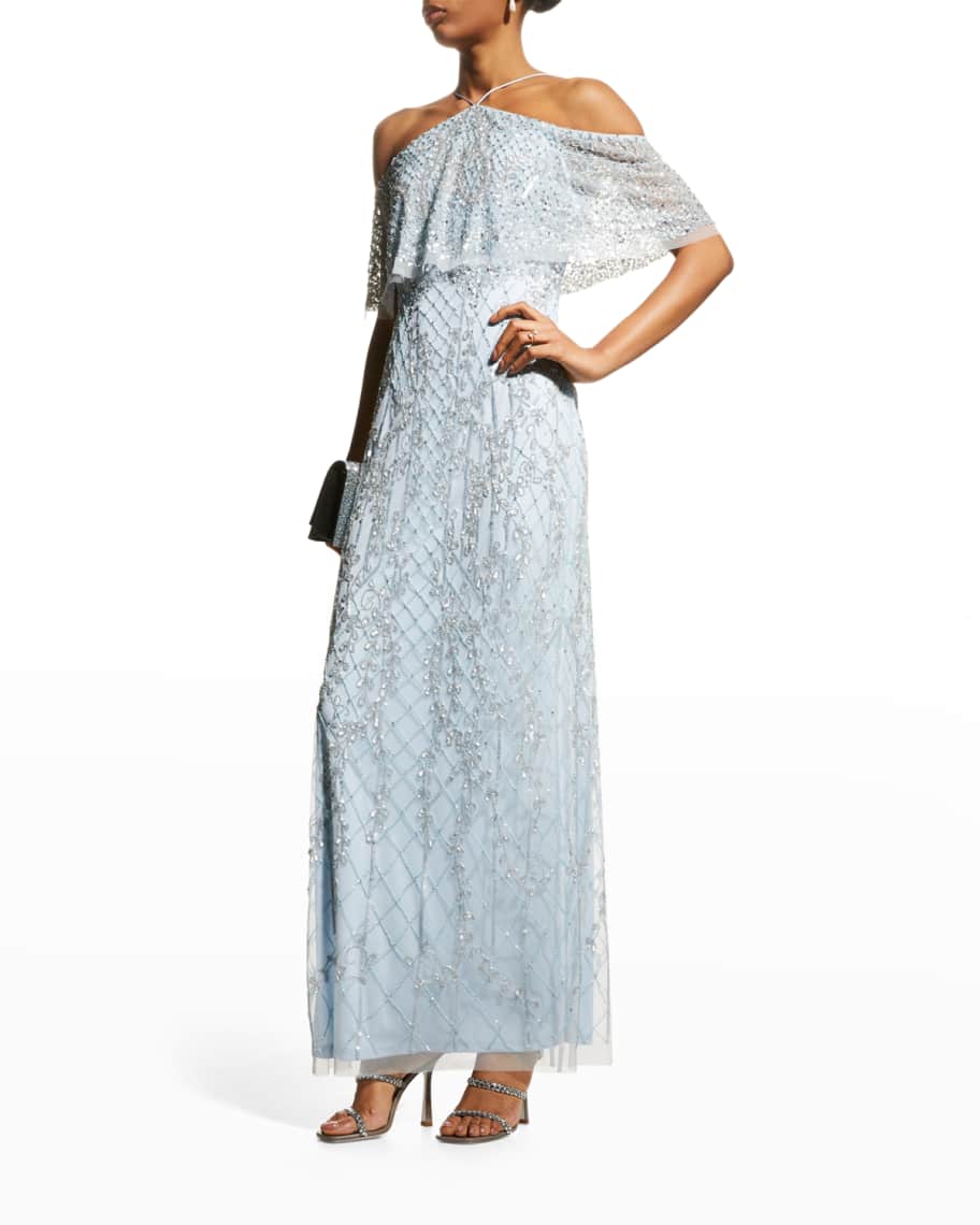 Aidan Mattox Cold Shoulder Beaded Halter Gown Neiman Marcus