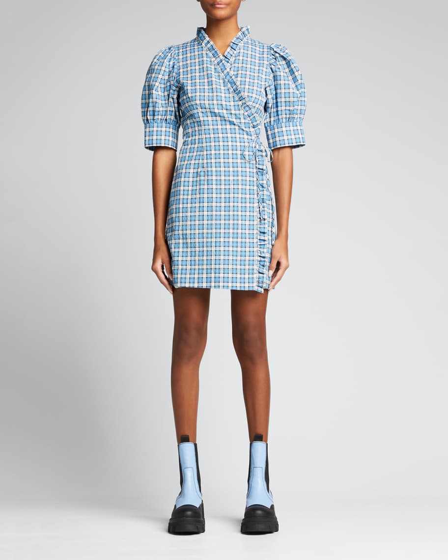 Ganni Seersucker Check Wrap Dress | Neiman Marcus