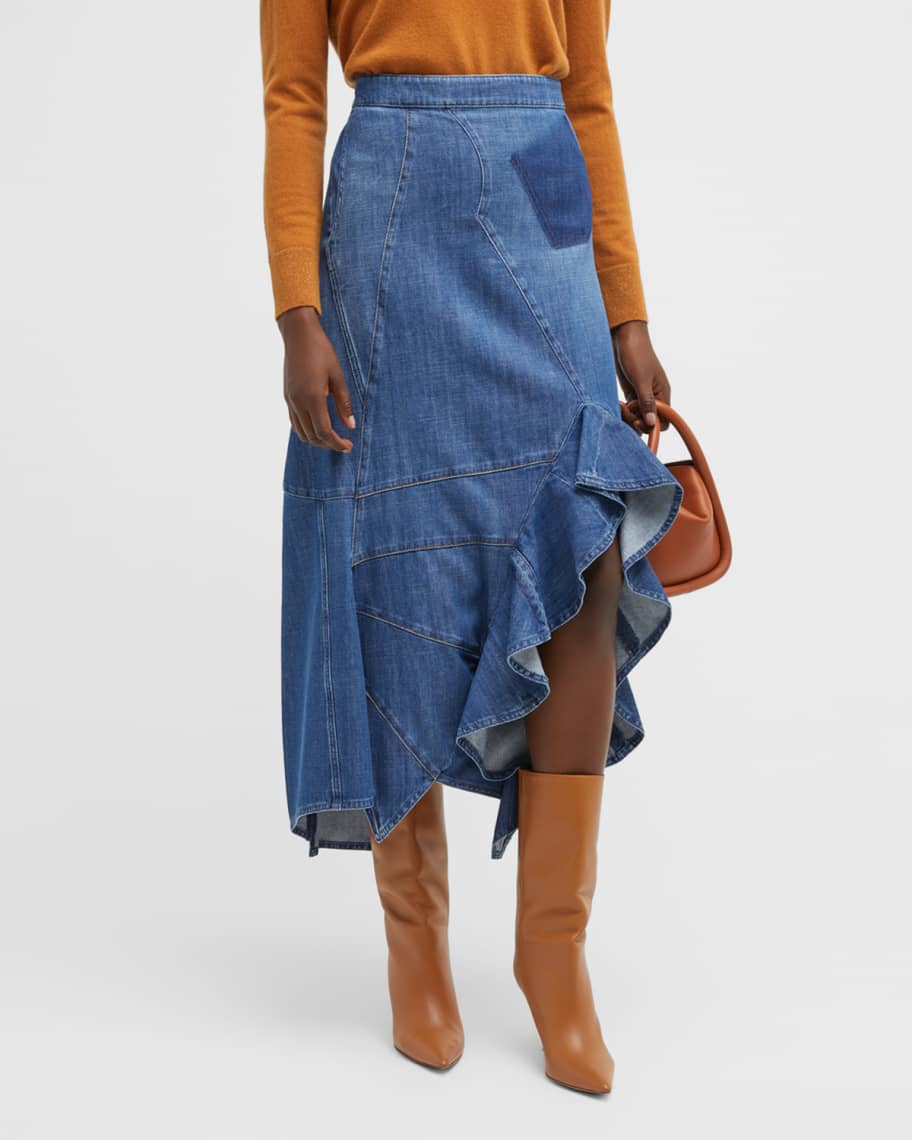 Denim ruffle online midi skirt