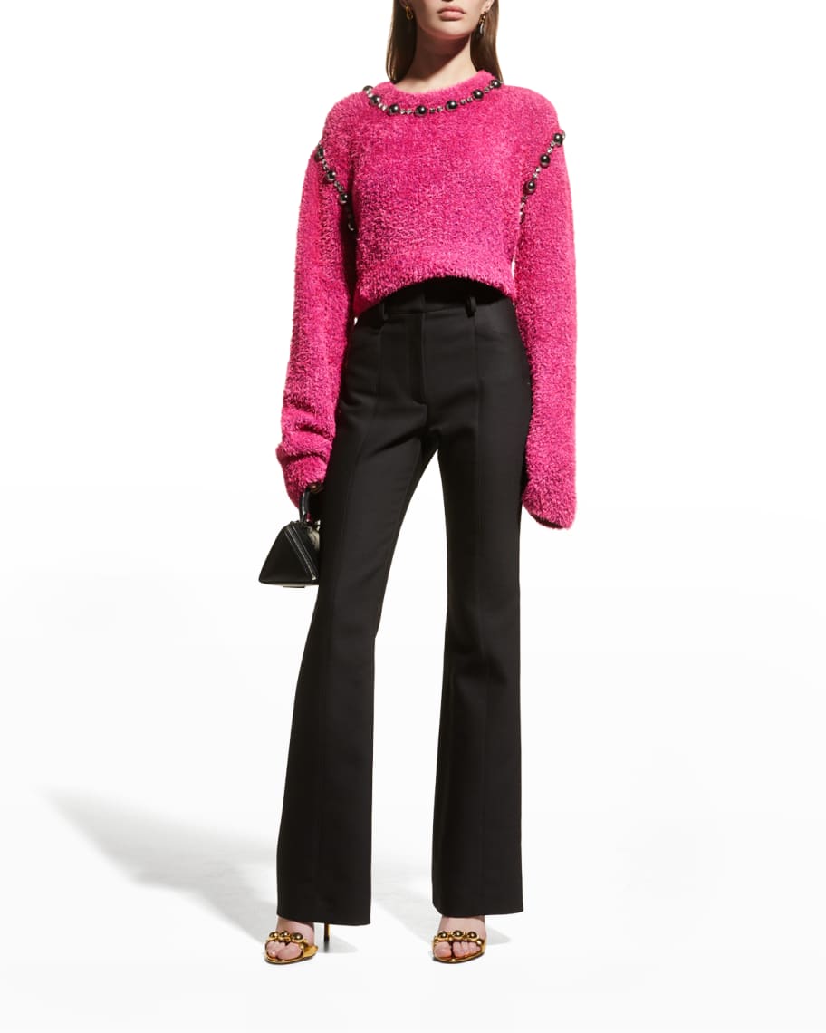AREA Crystal Dome Embellished Texture-Knit Crop Pullover | Neiman