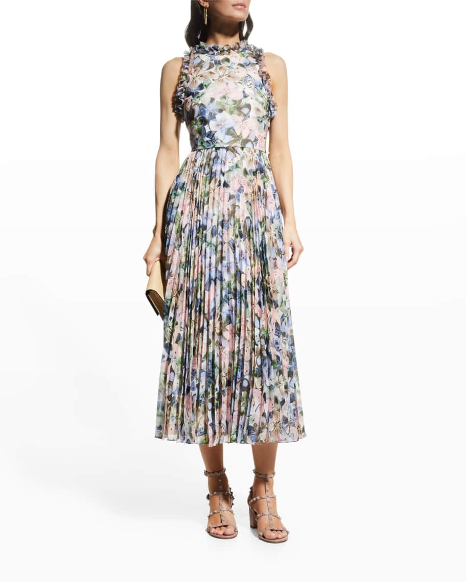 Badgley Mischka Collection Pleated Floral-Print Ruffle Dress | Neiman ...