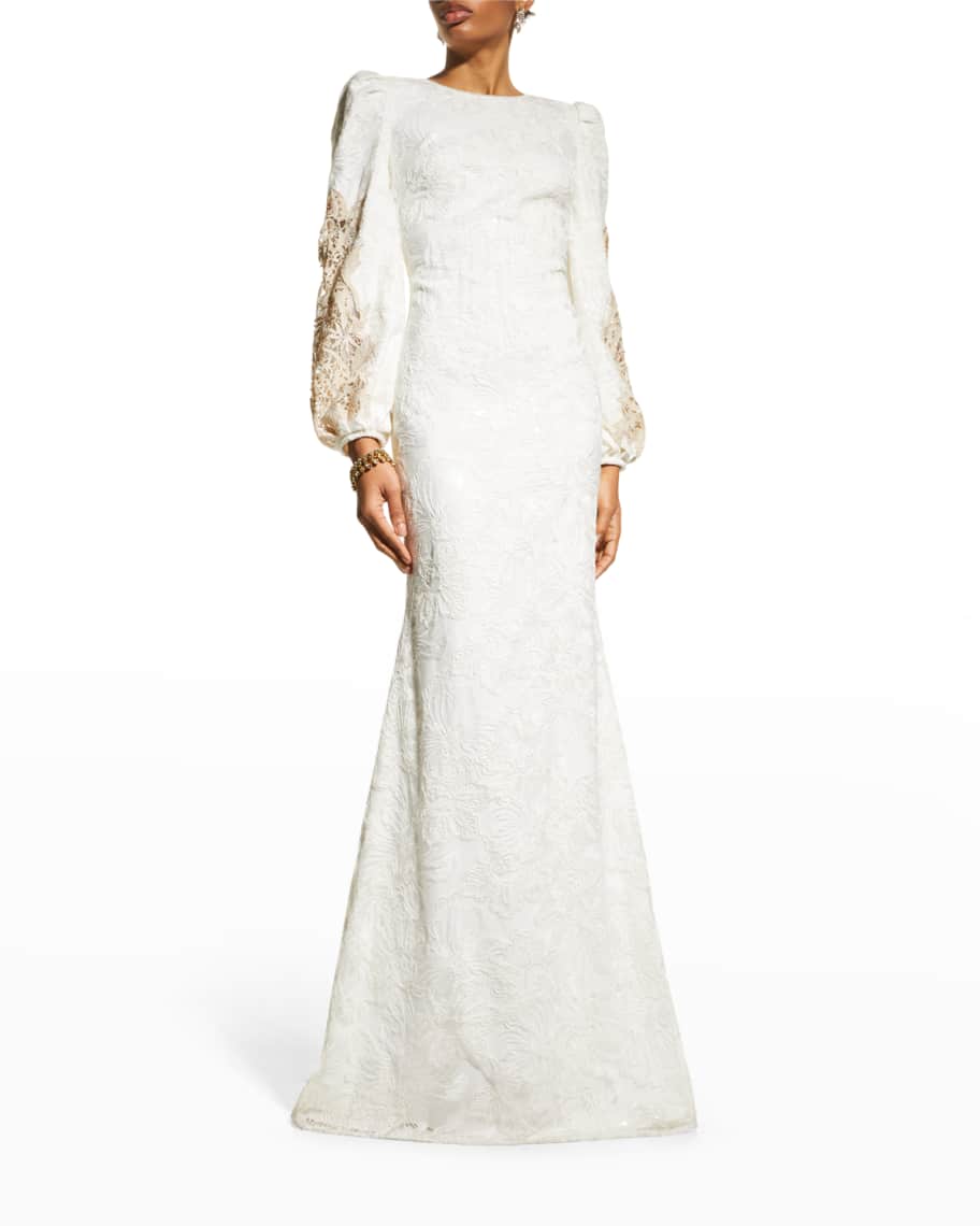 Badgley Mischka Collection Floral Embroidered Blouson-Sleeve Gown ...