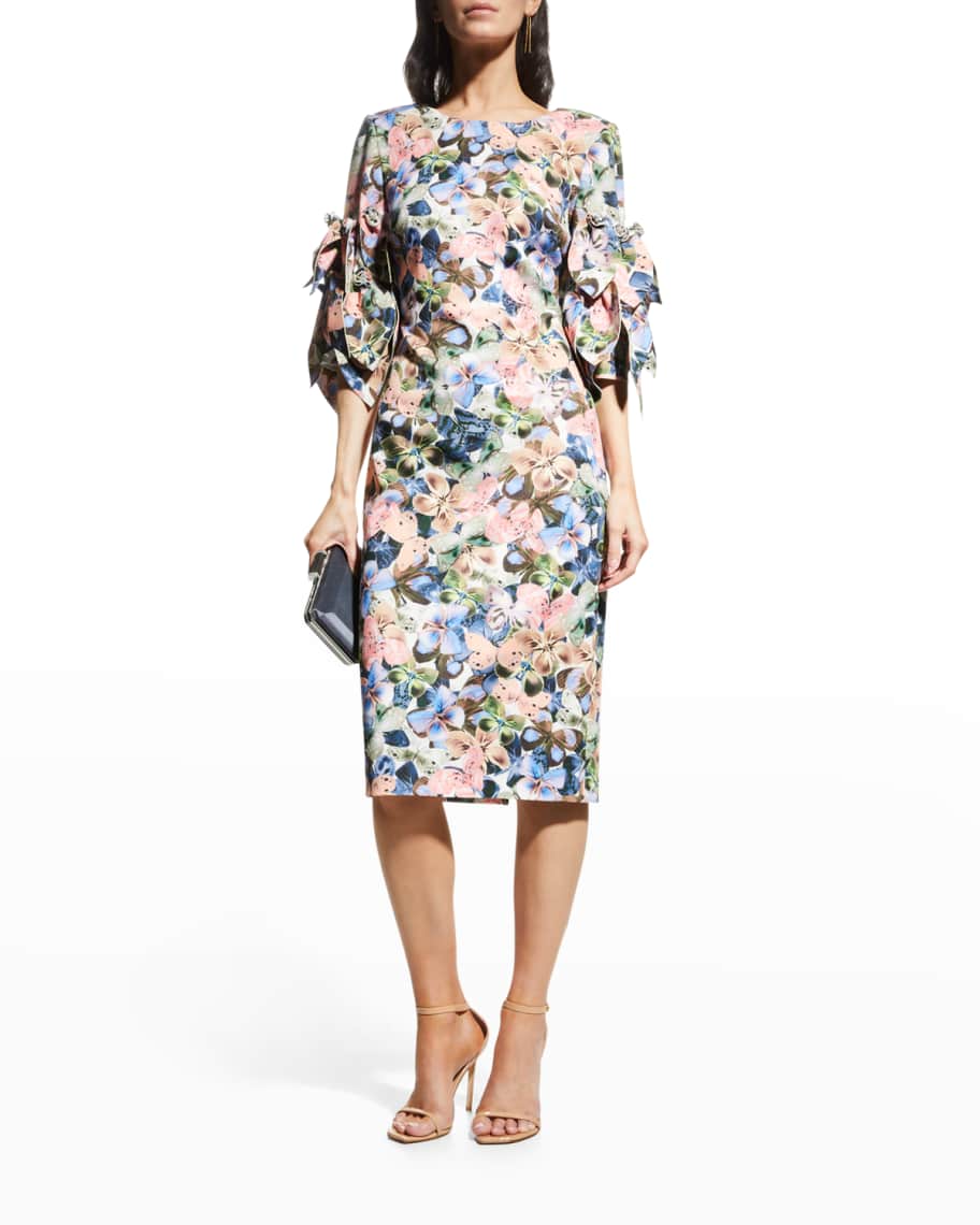 Badgley Mischka Collection Floral Petal-Sleeve Sheath Dress | Neiman Marcus