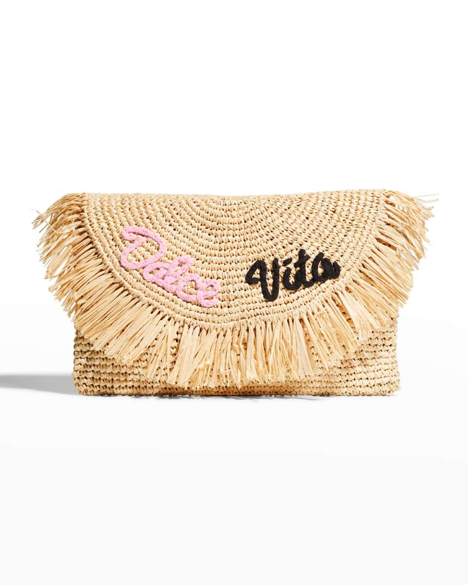 BTB Los Angeles Dolce Vita Oversize Fringe Straw Clutch Bag Neiman Marcus