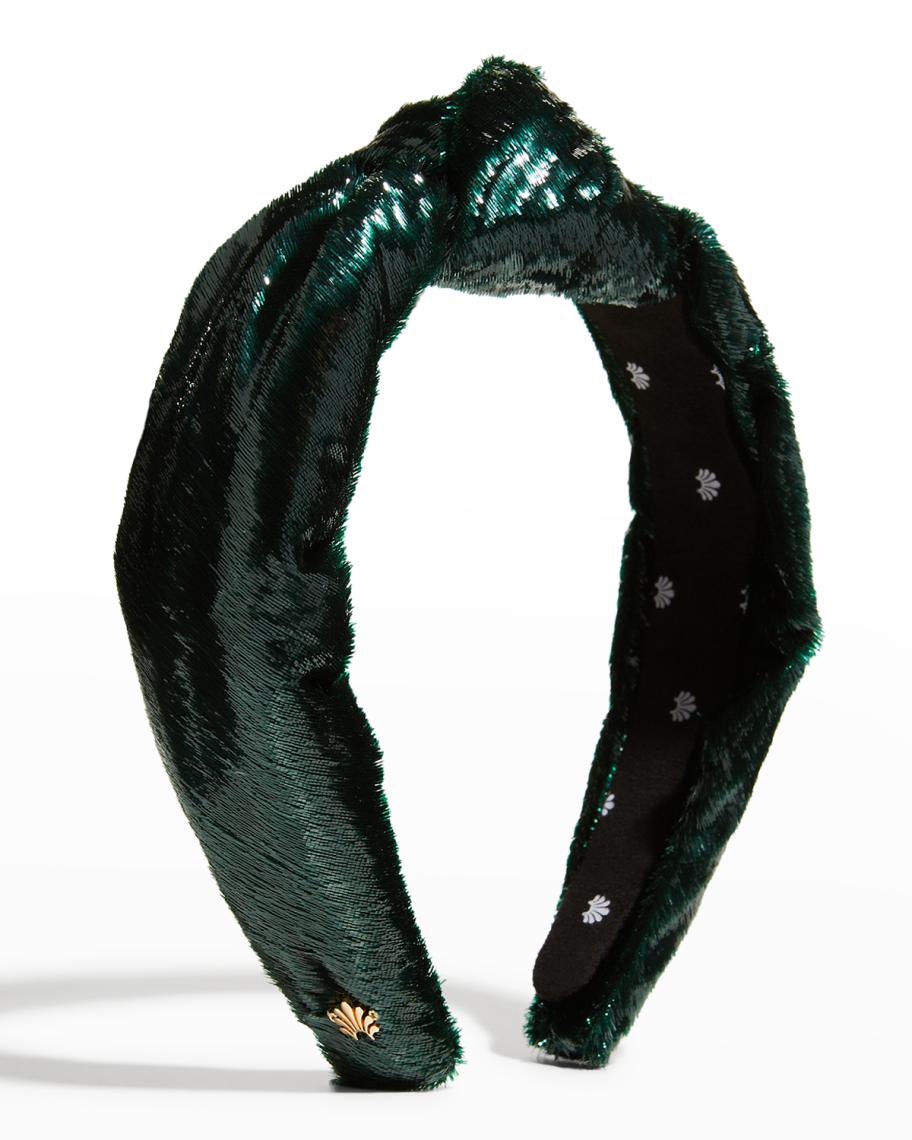 Lele Sadoughi Dark Emerald Knotted Velvet Headband Lele Sadoughi Leaf Green Velvet Bardot Jewel Headband Slim  main image 2