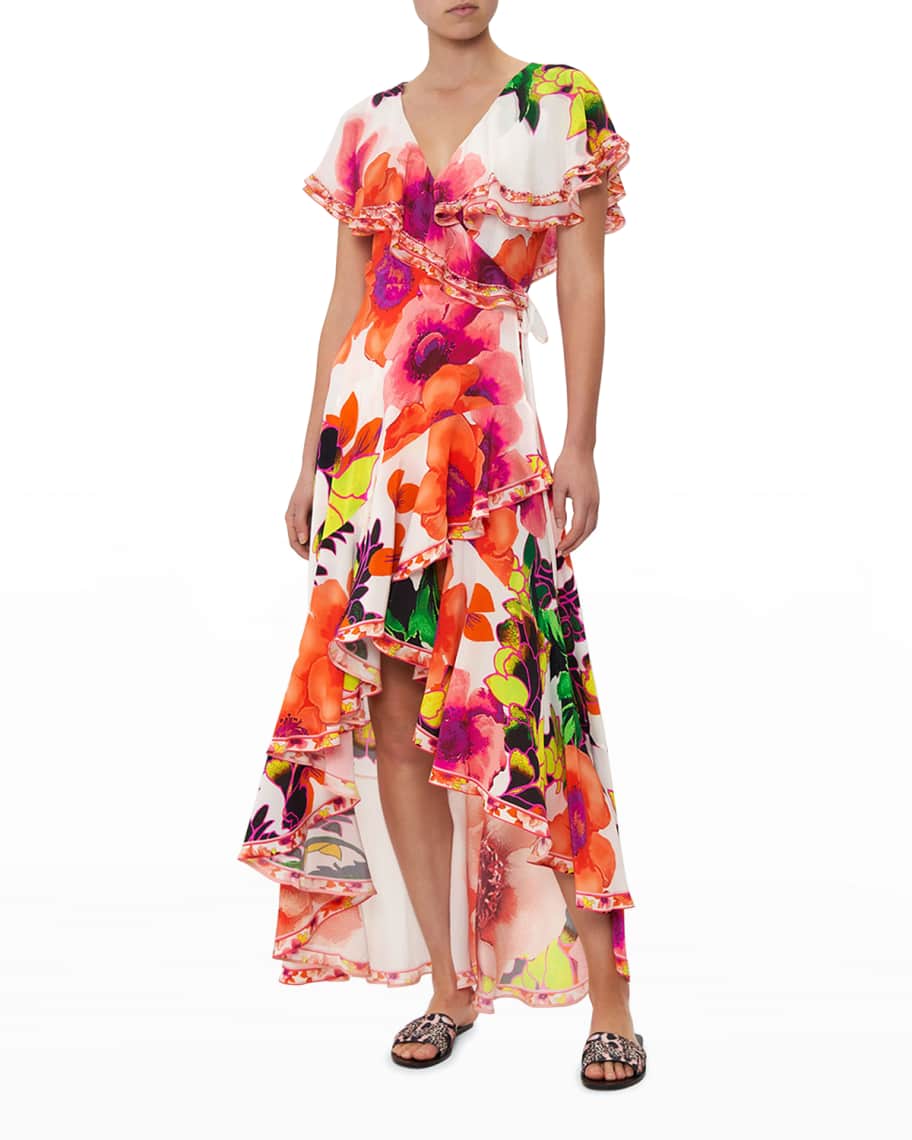 Camilla Pretty as a Poppy Frill-Sleeve Long SIlk Dress | Neiman Marcus