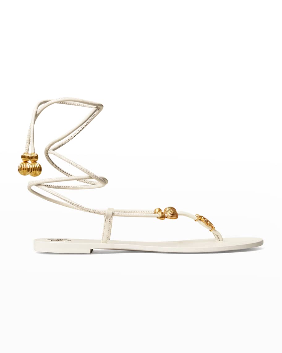 Tory Burch Capri Charm Ankle-Tie Flat Sandals | Neiman Marcus
