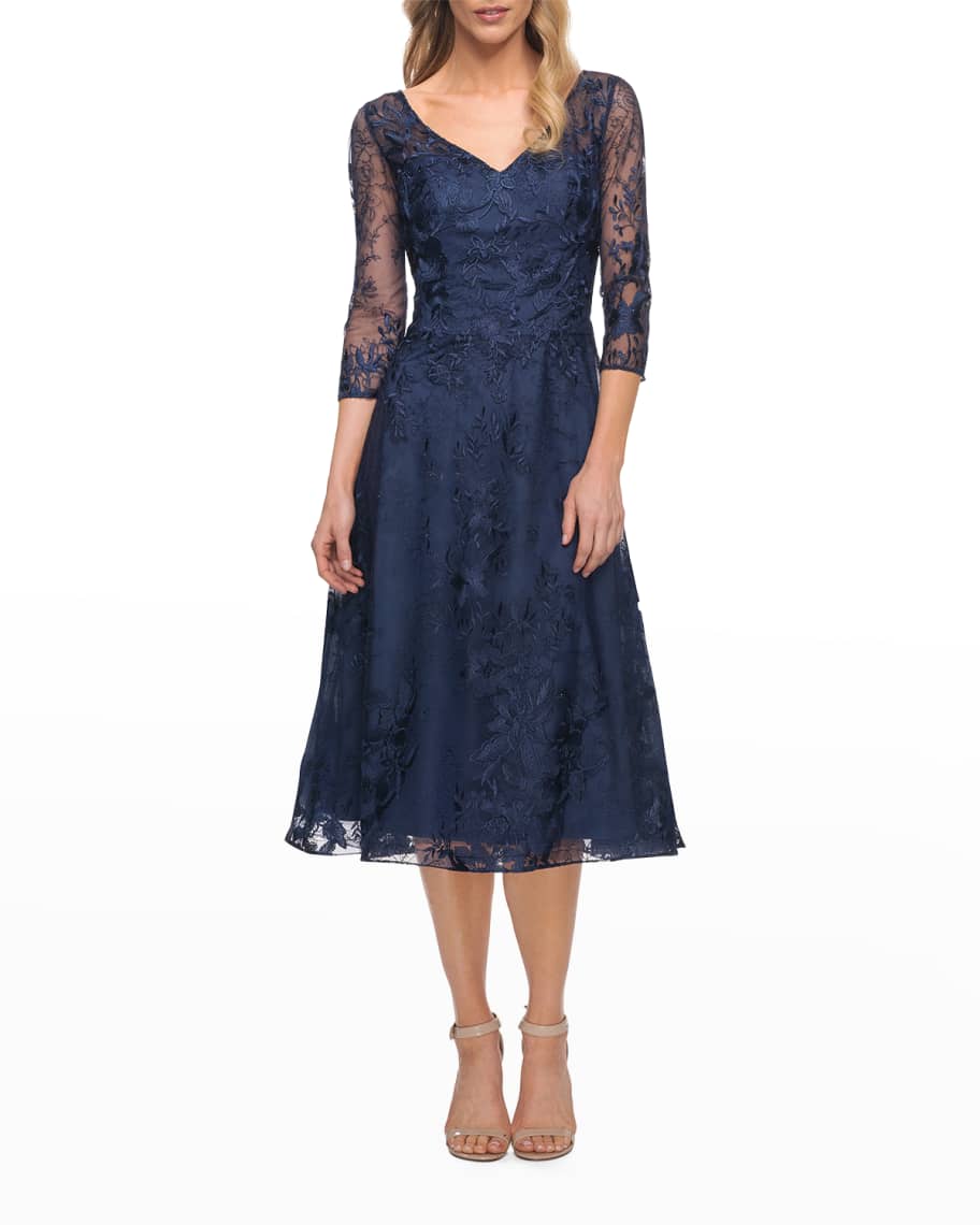 La Femme 3/4-Sleeve Tea-Length Lace ...