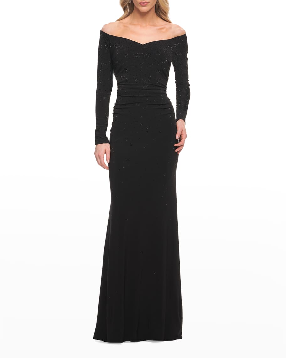 La Femme Off-Shoulder Long-Sleeve Jersey Gown | Neiman Marcus