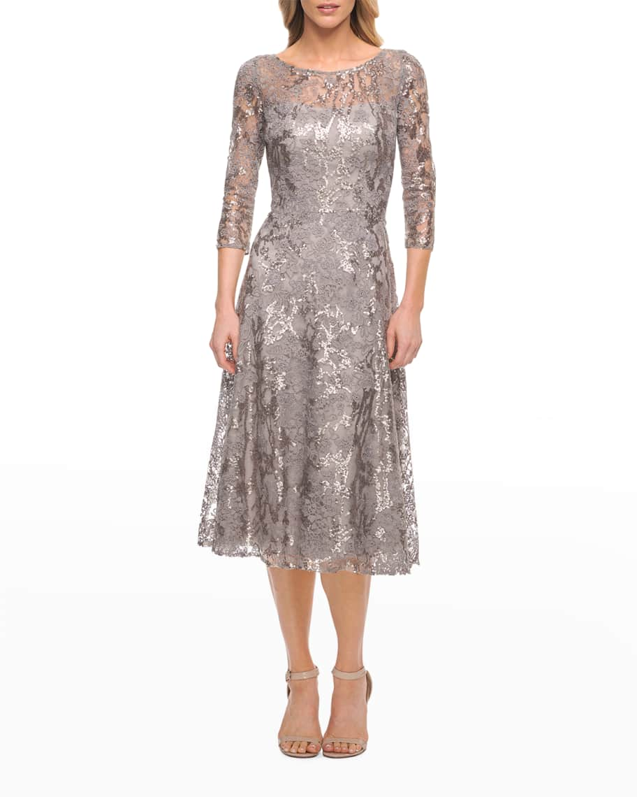 La Femme Metallic Lace Tea-Length Dress | Neiman Marcus