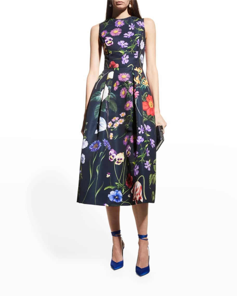 Oscar de la Renta Floral Pleated Faille Midi Dress | Neiman Marcus