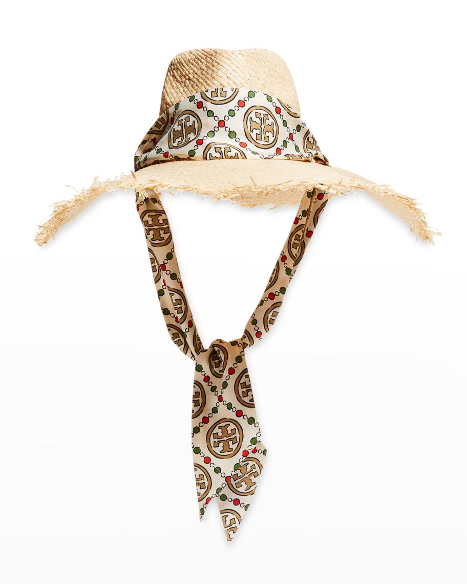 Tory Burch Straw Beach Hat w/ Logo Silk Scarf | Neiman Marcus display picture 1