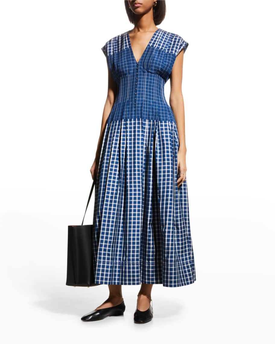 Tory Burch Plaid Silk Cap-Sleeve Dress | Neiman Marcus
