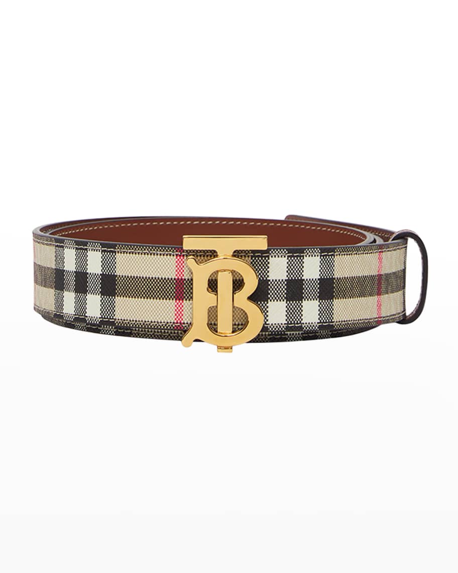 Burberry Check and Leather TB Belt in Archive Beige/briar Brown