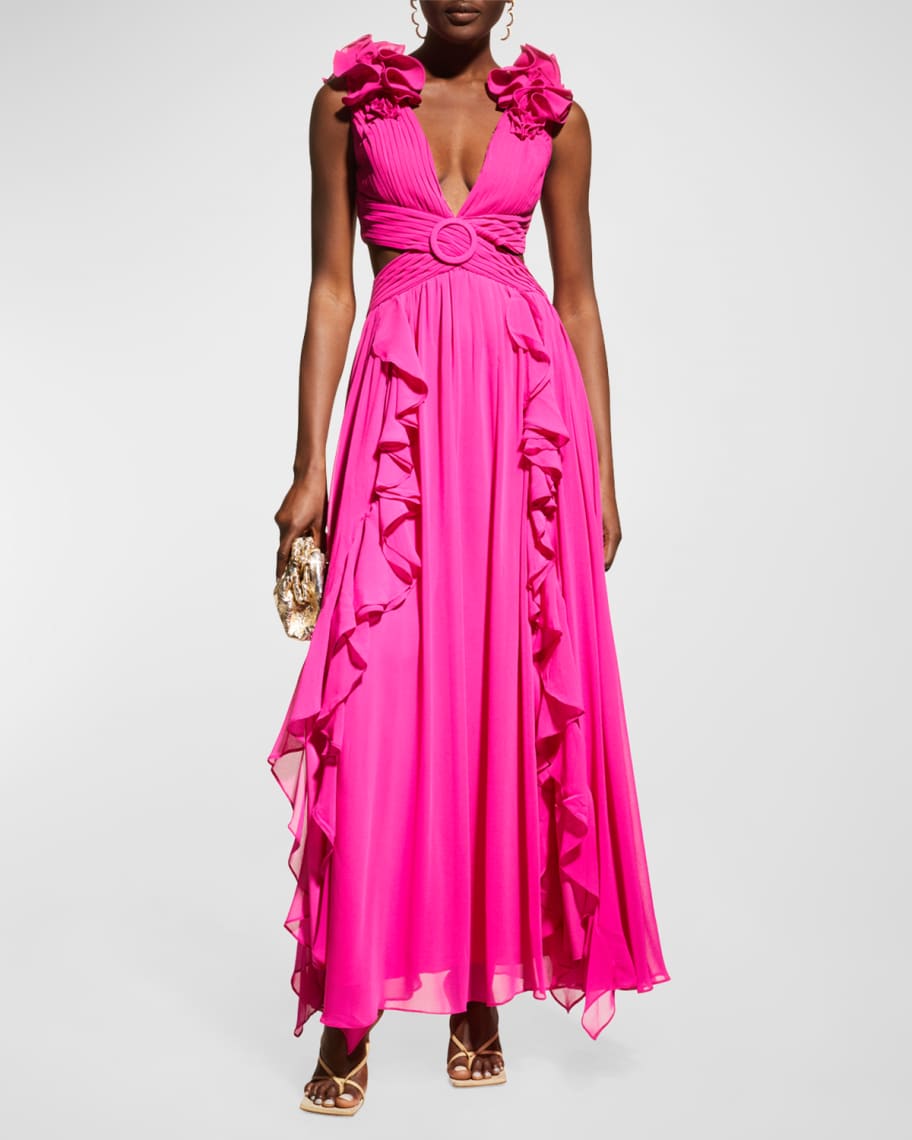 PatBO Chiffon Ruffled Cut-Out Maxi Dress | Neiman Marcus
