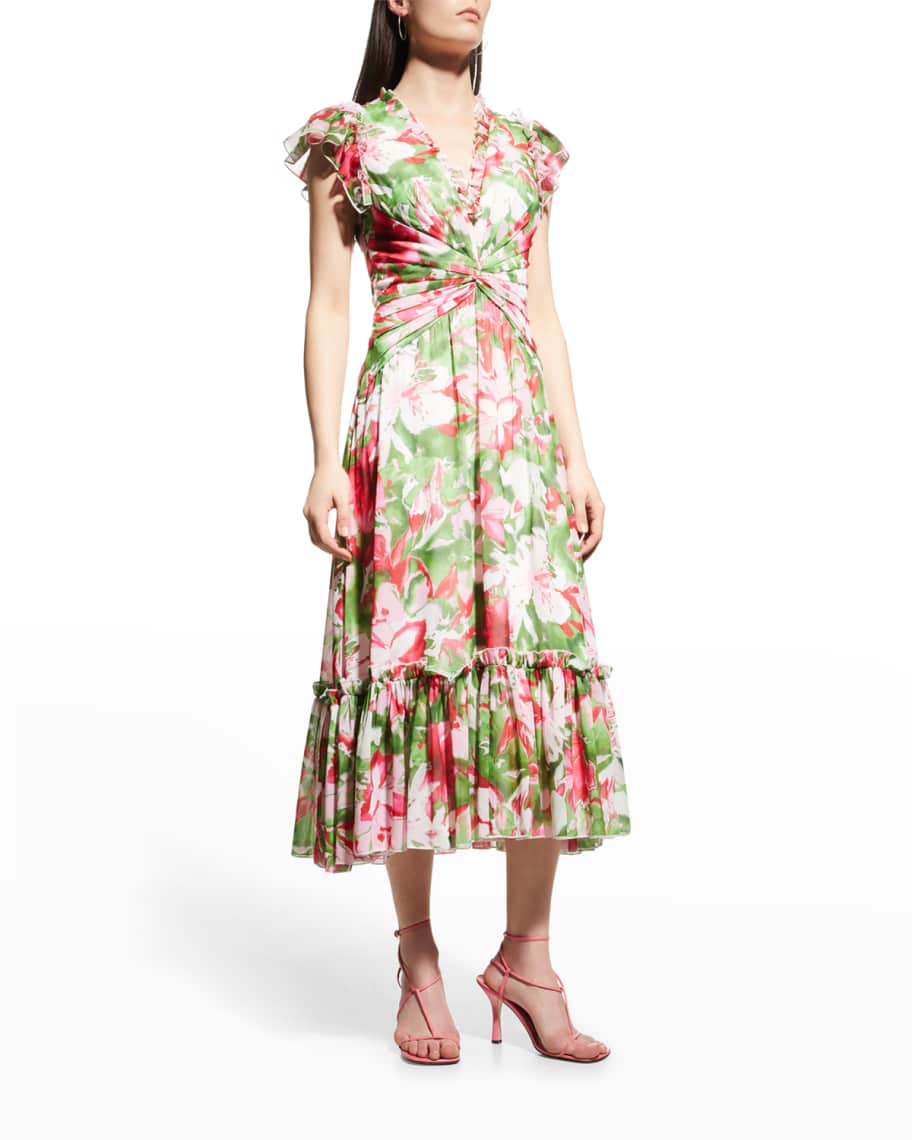 Tadashi Shoji Pleated Floral-Print Midi Dress | Neiman Marcus