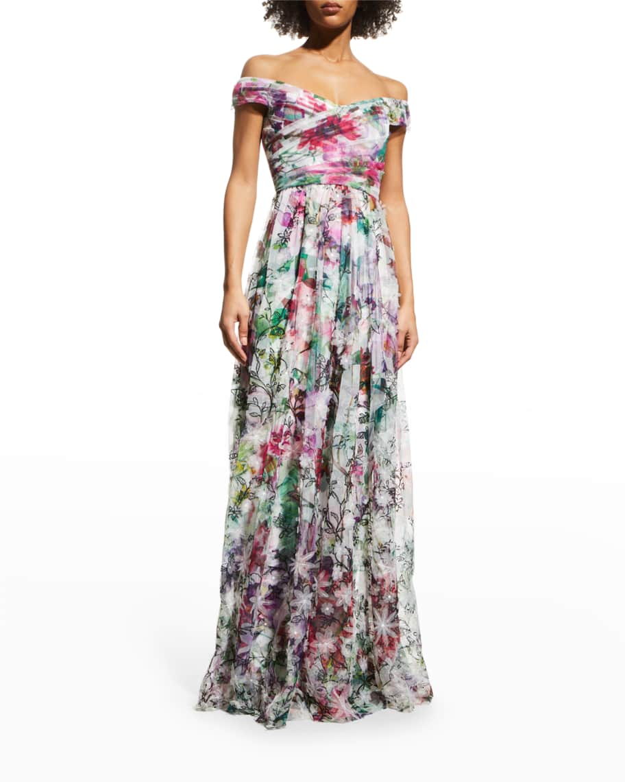 Marchesa Notte Off-Shoulder Floral-Print Gown | Neiman Marcus