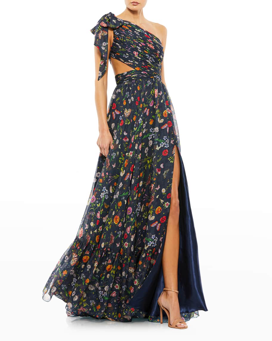 Ieena for Mac Duggal Cutout Floral-Print Chiffon Gown | Neiman Marcus
