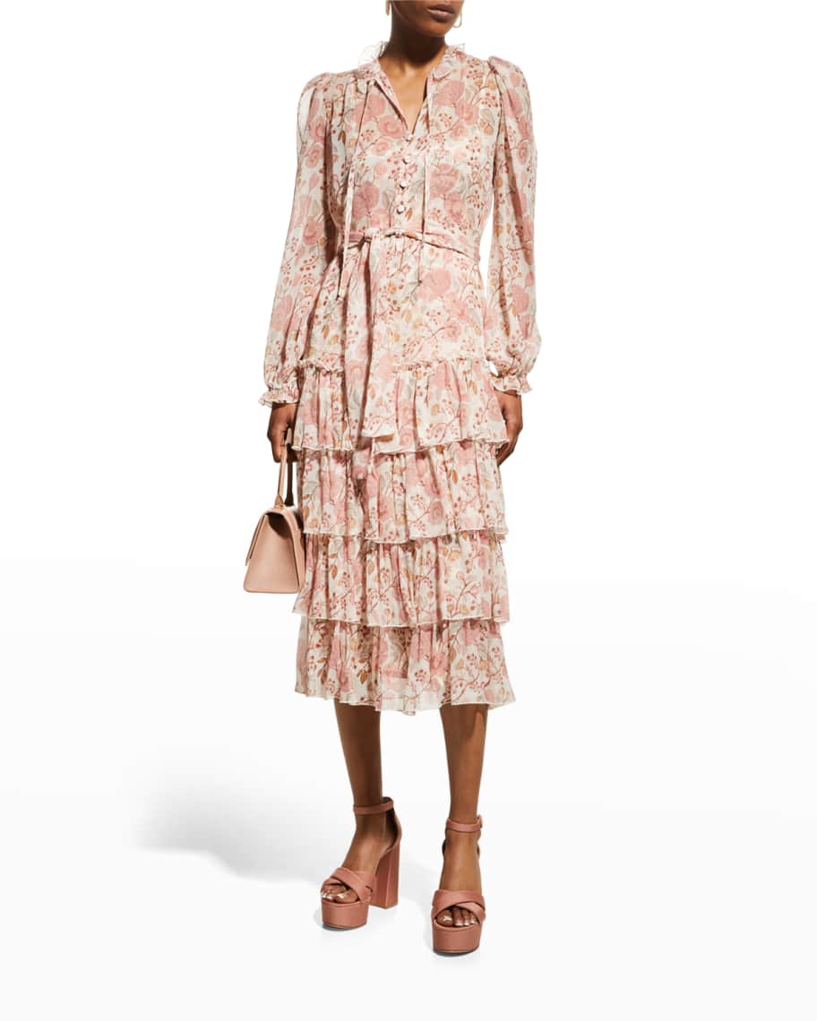 ALESSIA ZAMATTIO Maratea Silk Floral Tiered Midi Dress | Neiman Marcus
