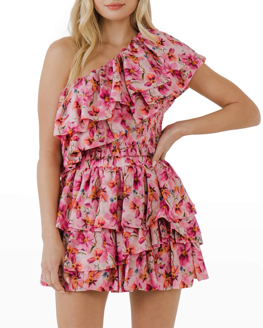 Endless Rose Floral One-Shoulder Smocked-Ruffle Crop Top | Neiman Marcus