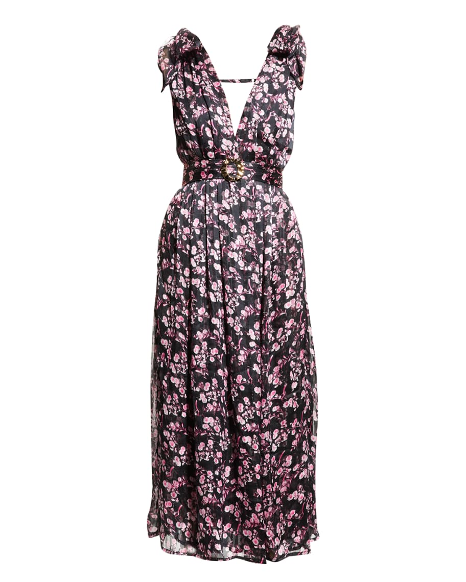 Sabina Musayev Terranova Shoulder-Tie Floral Chiffon Midi Dress | Neiman  Marcus