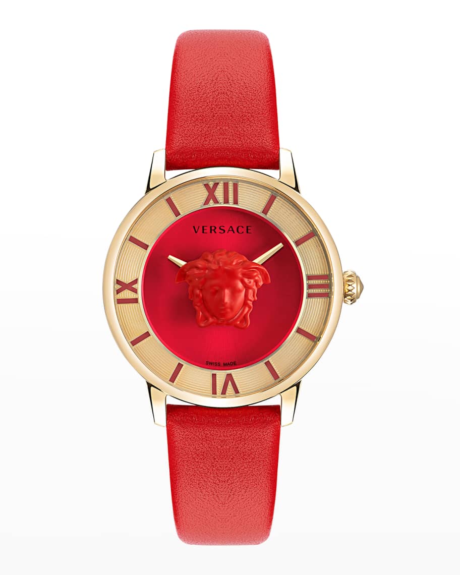 Versace La Medusa Watch with Red Leather Strap, Yellow Gold IP Neiman