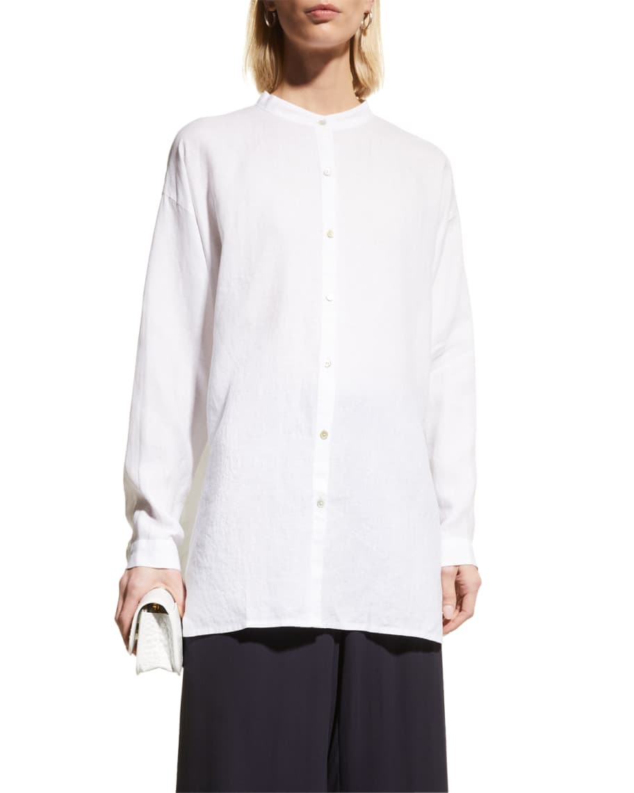Eileen Fisher Mandarin-Collar Boxy Long Linen Shirt | Neiman Marcus