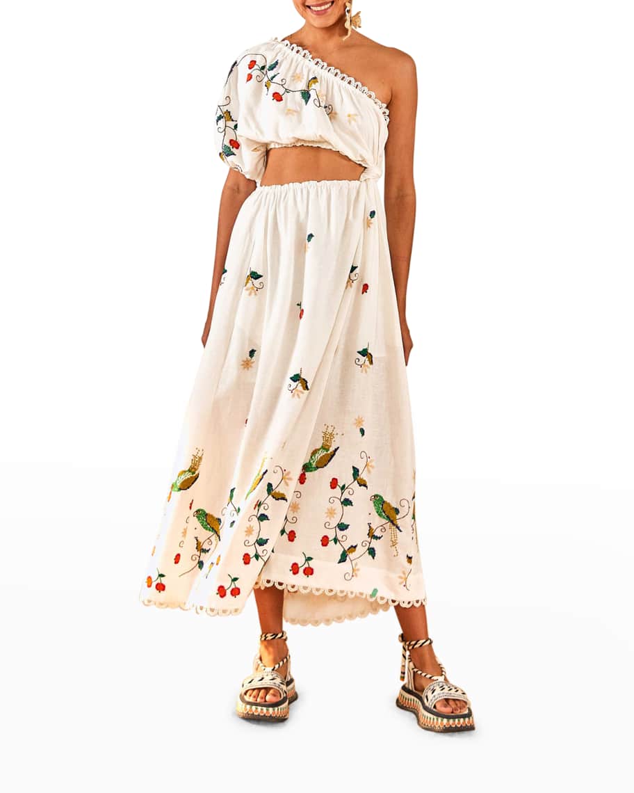 Farm Rio Pitanga One-Shoulder Embroidered Cutout Maxi Dress | Neiman Marcus