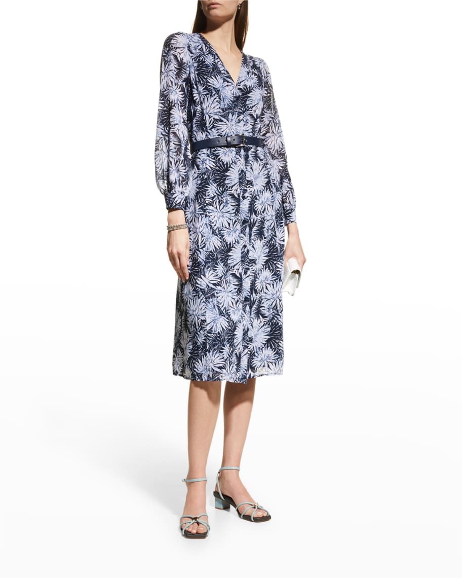 MICHAEL Michael Kors Palm Kate Belted Botanical-Print Dress | Neiman Marcus