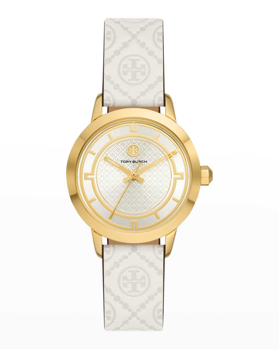 Tory Burch The Tory Gold-Tone Stainless Steel Watch with Ivory Leather Strap  | Neiman Marcus