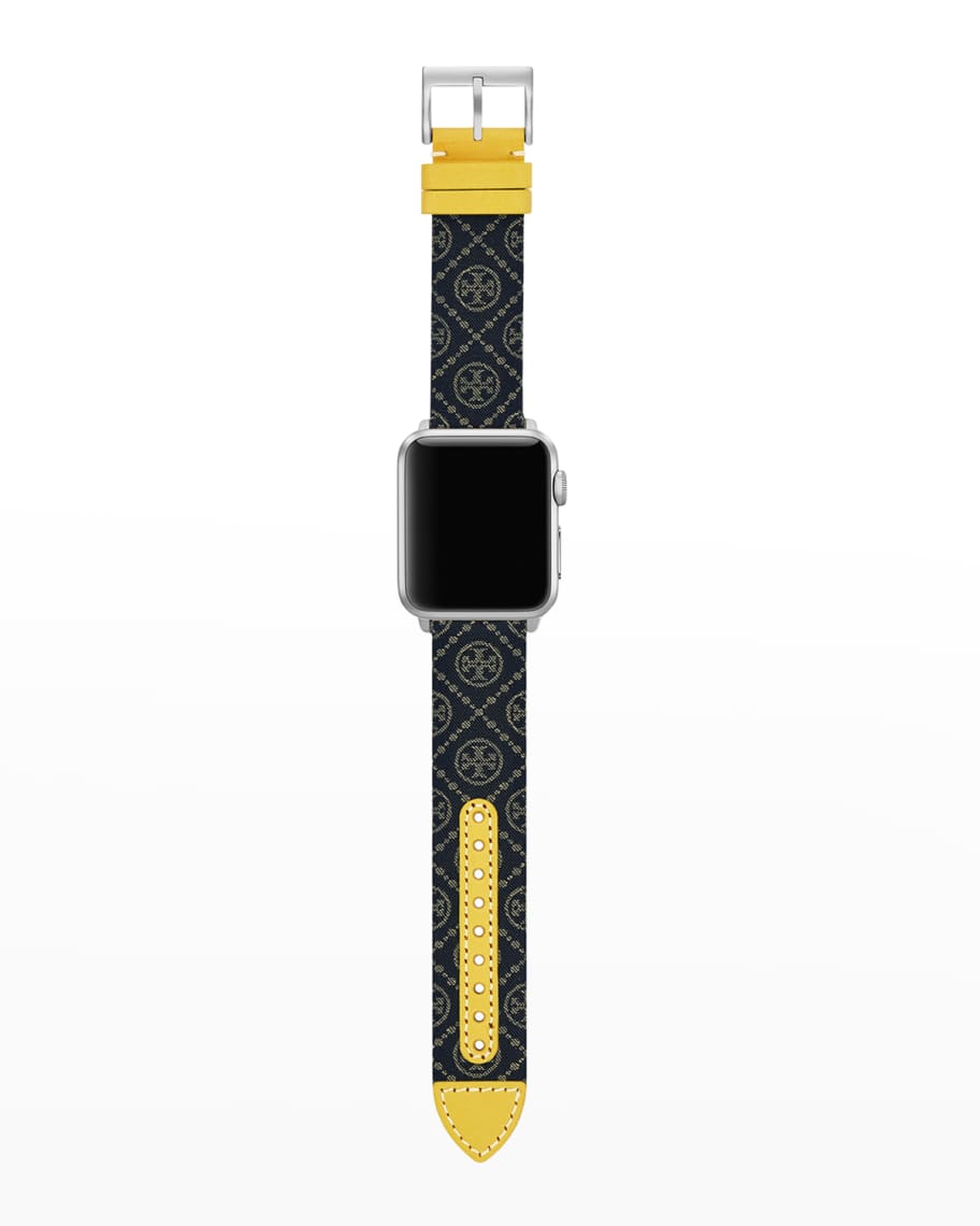 Tory Burch T Monogram Print Apple Watch Band in Dark Blue and Yellow 38 41mm Neiman Marcus