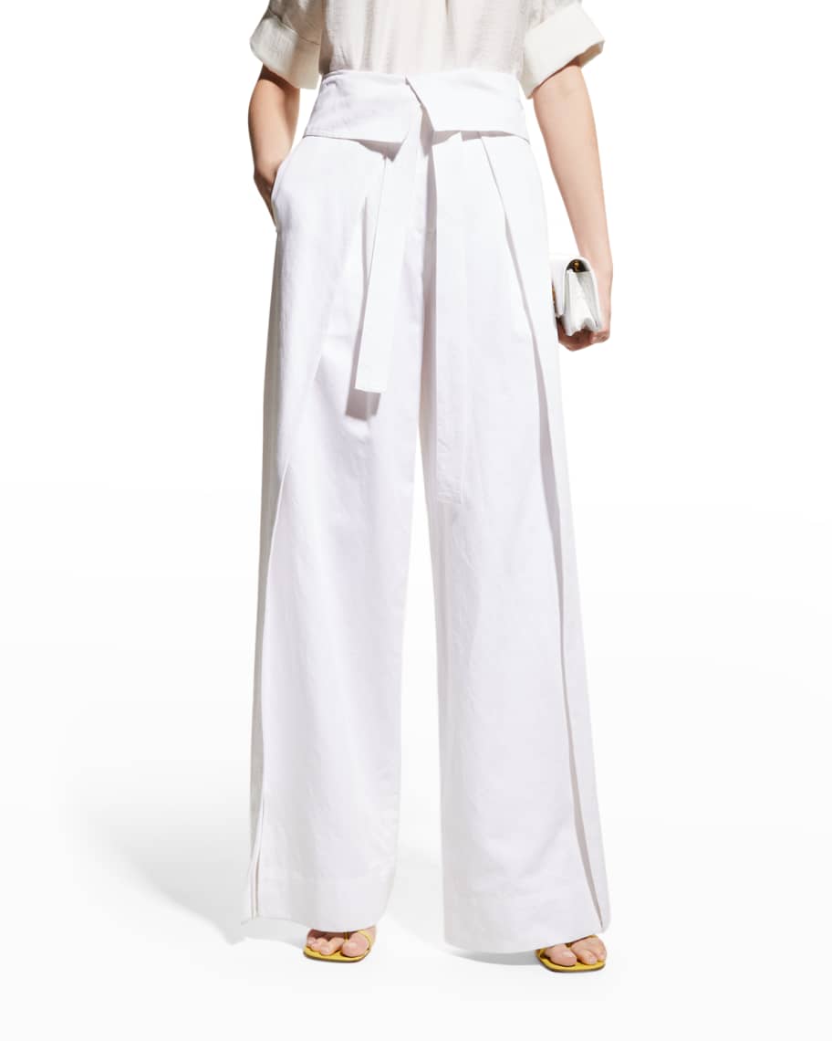 A.L.C. Emilio Cotton Linen Fold-Over Belted Waist Wide-Leg Pants