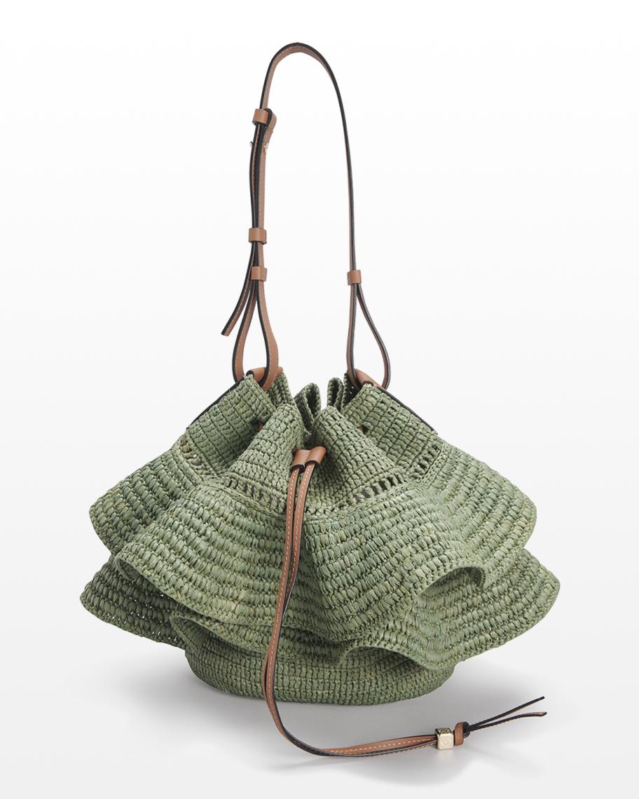 LOEWE x Paula's Ibiza Balloon Ruffles Bucket Bag in Raffia with Leather ...